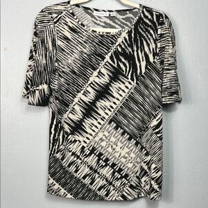 Susan Graver Liquid Knit Black White Gray Print Elbow Split Sleeve Top XS